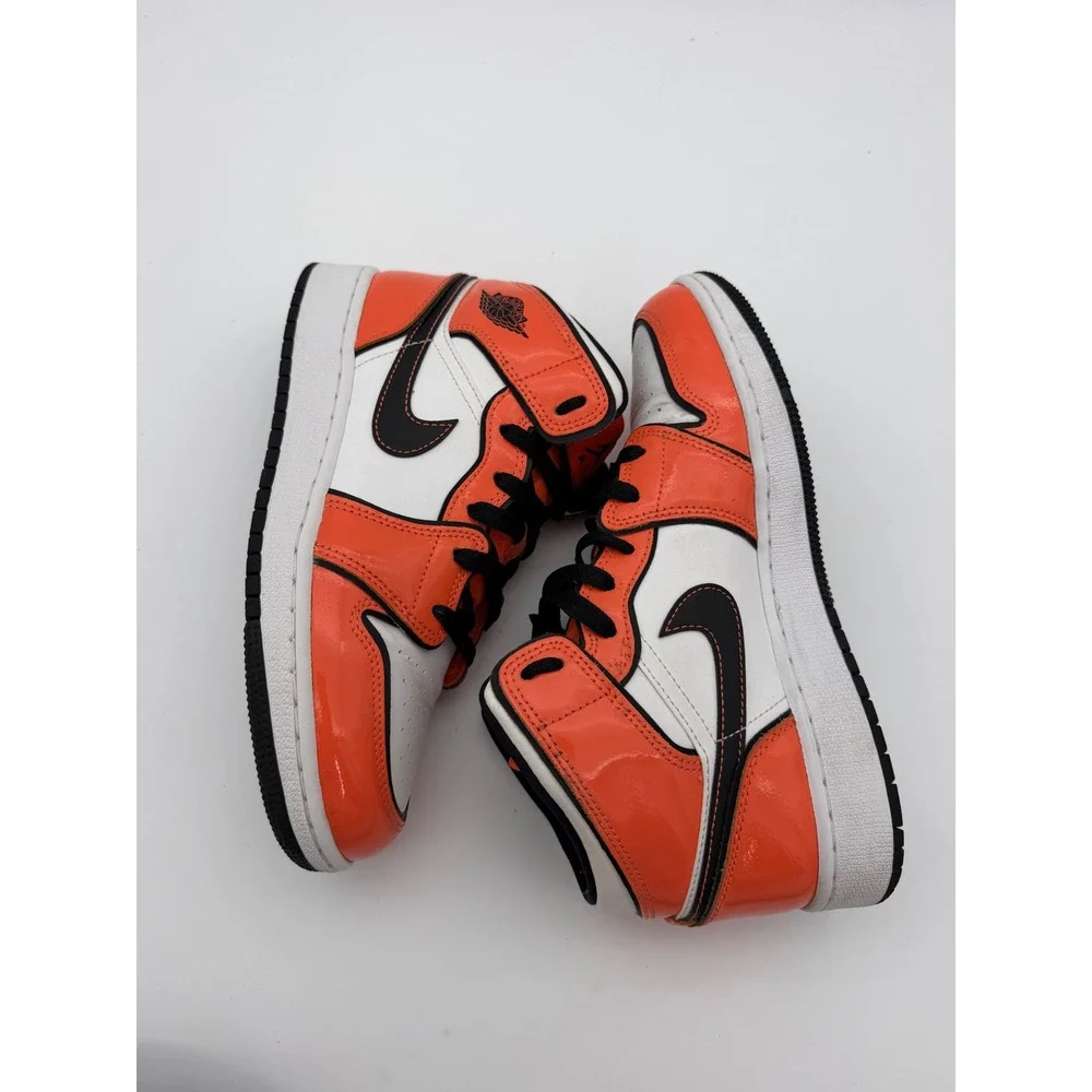 Air Jordan 1 Mid SE Turf Orange Patent Black White BQ6931-802 Mens 6Y